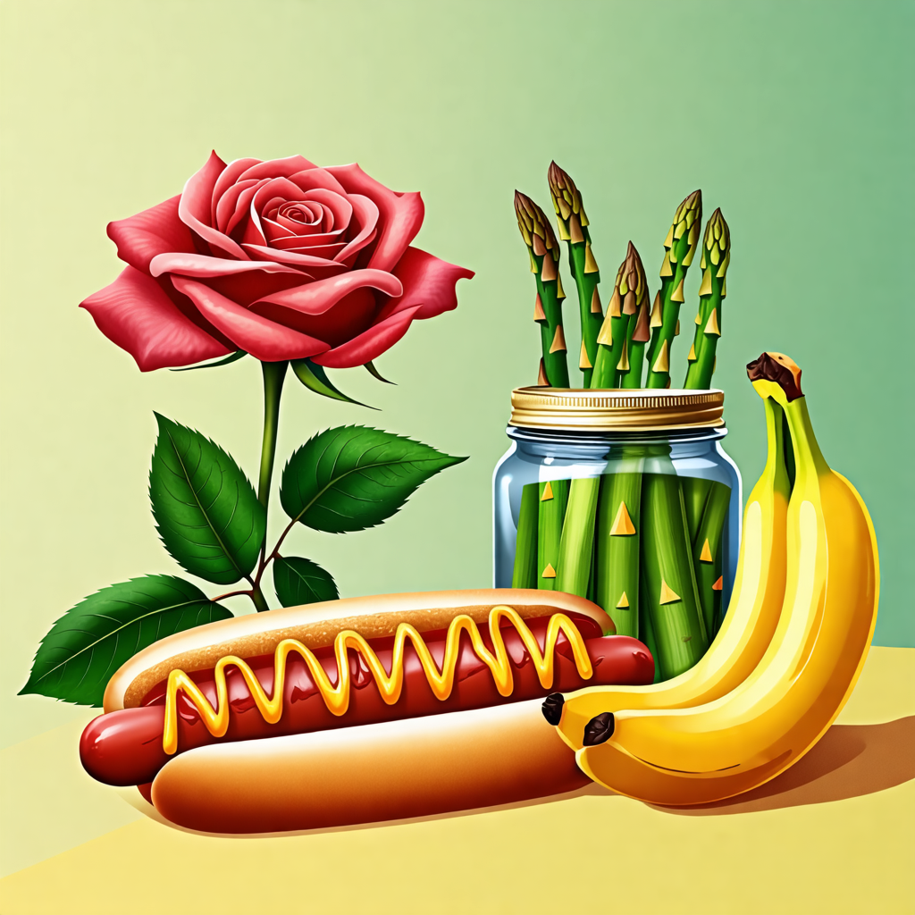 rose, hot dog, jar, asparagus, banana